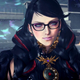 The witch Bayonetta stands amid a ruined city. She's wearing her signature glasses but now has her long hair in braids.